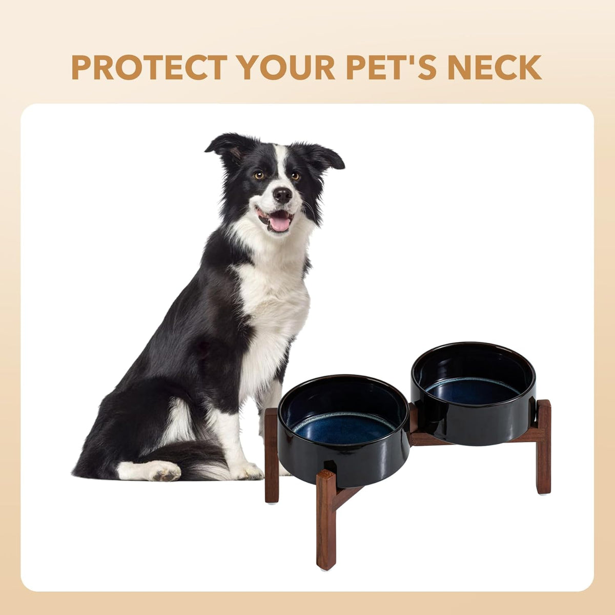 Ceramic 7.3inch Raised Double Dog Bowls Set with Acacia Wood Stand, Food & Water Bowls for Medium Breed Dogs, Weighted Pet Dishes(41oz, Starry Sky)