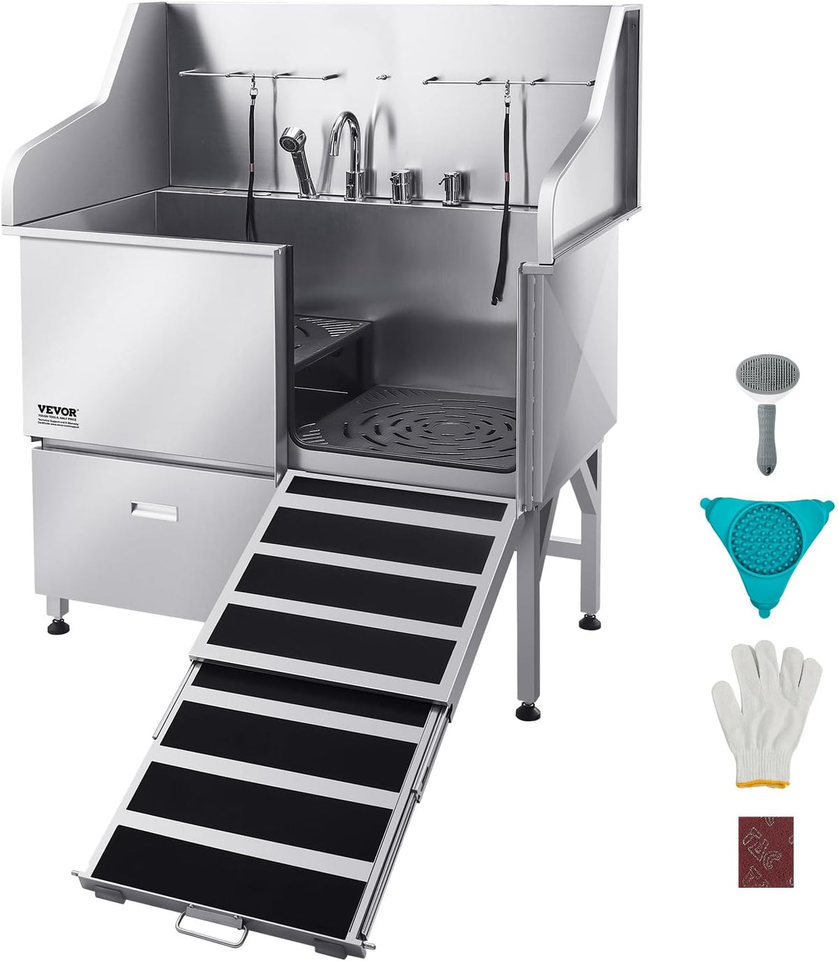 VEVOR Professional 304 Stainless Steel Dog Bathing Station, 50 inch Pet Grooming Tub w/Anti-Slip ramp, Storage Drawer, Cold Hot Faucet Showerhead, for Large & Medium & Small (Right Door, with Drawer)