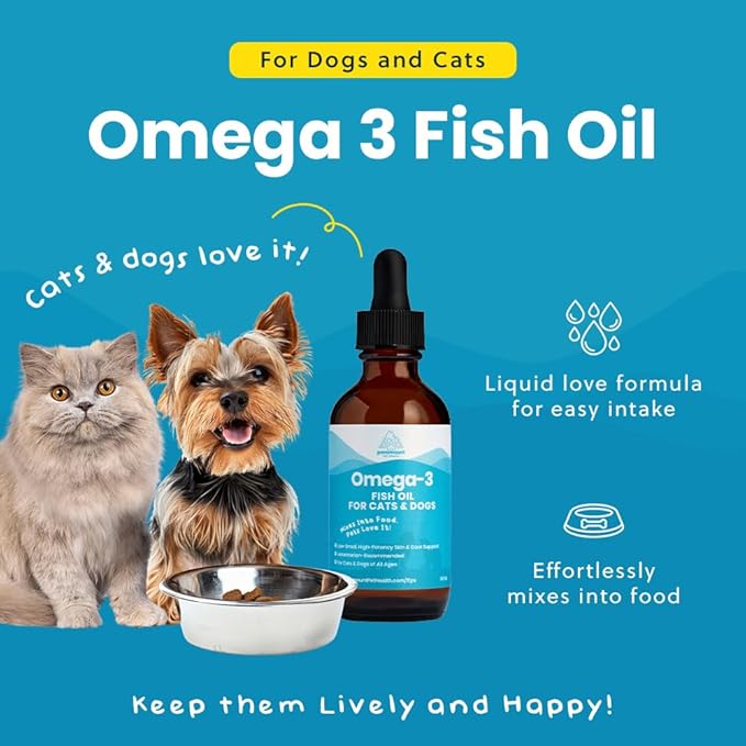 Wild-Caught Omega 3 Fish Oil for Dogs & Cats, Liquid EPA DHA Supplement for Skin, Coat, Joints & Heart, Low-Odor Omega 3 Drops for Small Dog Breeds & Cats with Itchy Skin, 2 oz