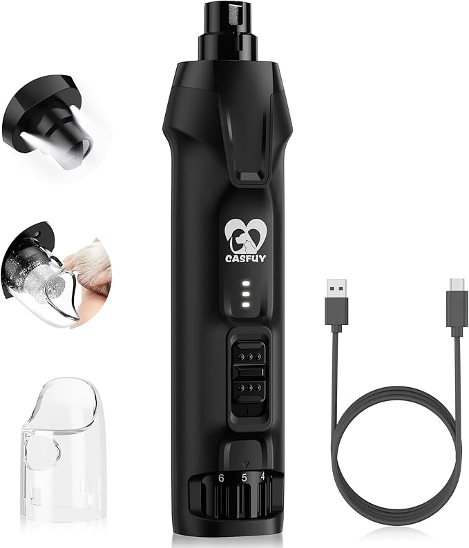 Casfuy 6-Speed Dog Nail Grinder – 50%+ Boost Power Dog Nail Trimmers Quiet with Dust Cap & 2 LED Lights & 2000mAh Battery & 4.8V Motor Electric Pet Toenail File Tool for Large Medium Small Dogs Cats
