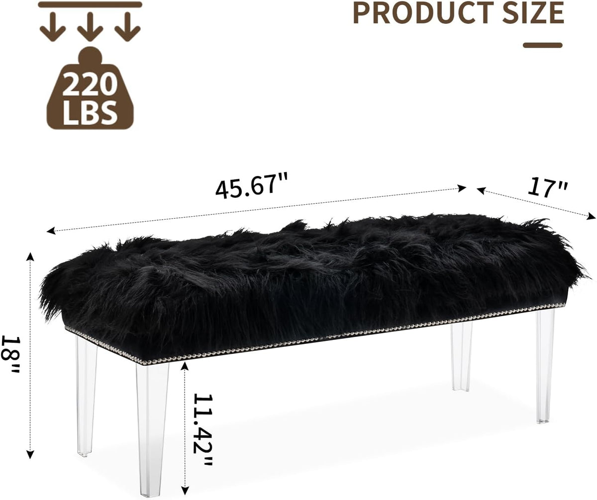 46 Inch Black Bedroom Bench, Benches for Bedroom White Faux Fur Upholstered Bed end Bench, Tufting Bench Indoor Bench with Acrylic Legs for Living Room Bedroom Dining Room Entryway, Black