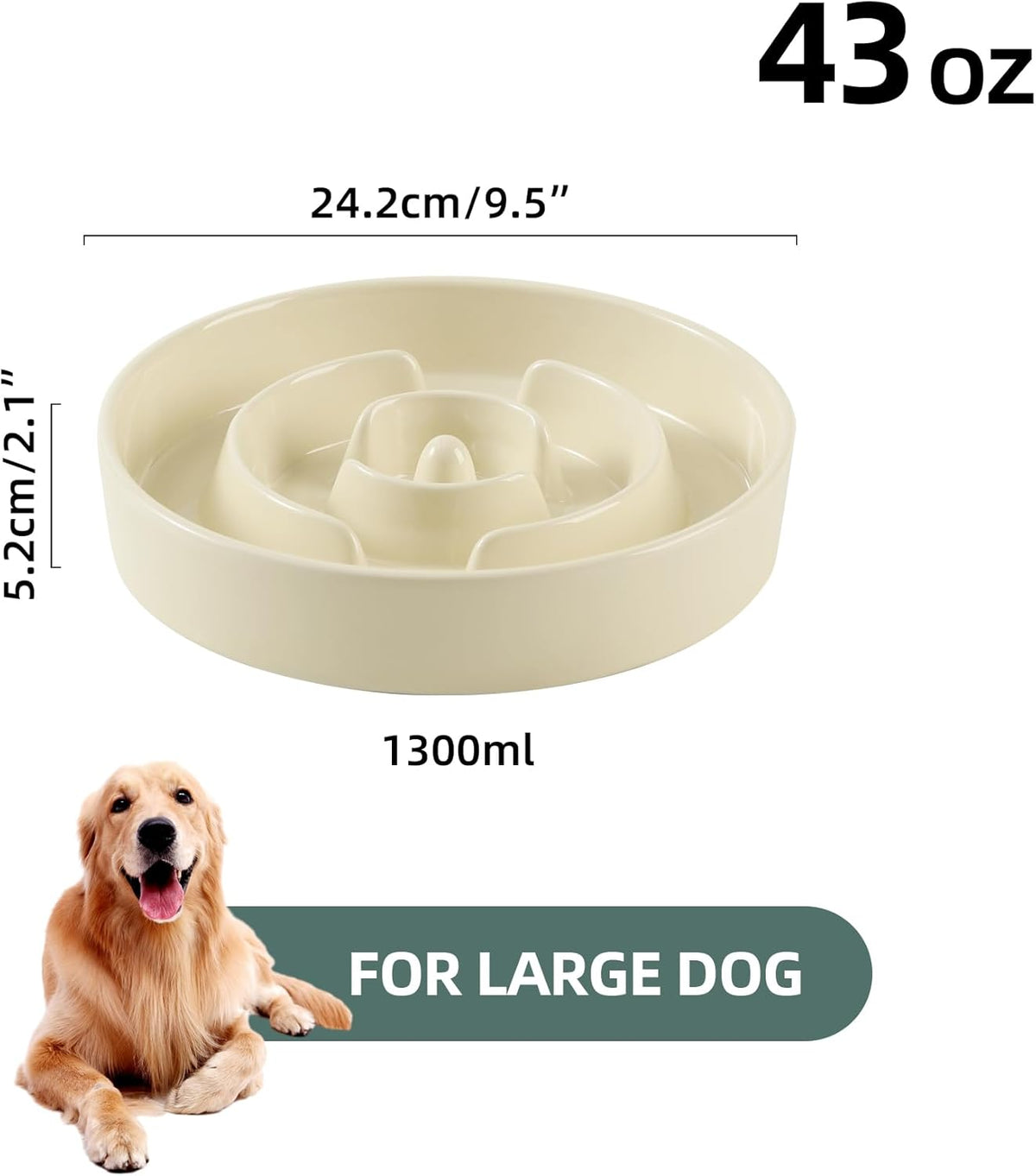 9.5inch Ceramic Slow Feeder Dog Bowl for Large Dog, Puzzle Food Dish, Anti-Gulping, Pet Slow Feeder, Stop Bloat, Preventing Choking (Single Bowl-Beige)