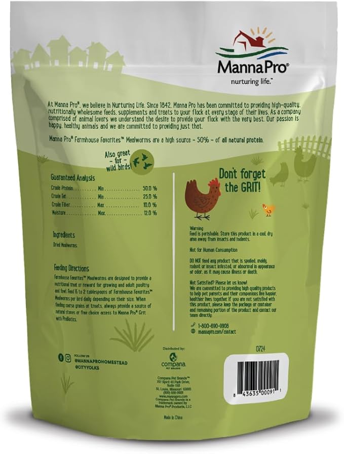 Manna Pro Farmhouse Favorites Mealworms Poultry Treat - Protein Treat for Chicken - Poultry, Turkey, Ducks, Geese, and Guinea Fowl Treat - Contains 50% Protein - 100% Natural Poultry Snack - 2lbs