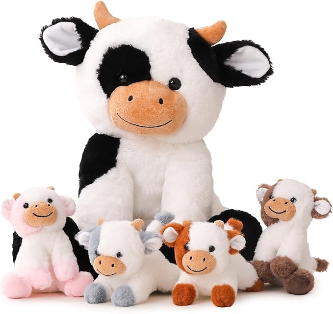 5 Pieces Cow Stuffed Animals for Boys Girls, 1 Mommy Cow with 4 Babies Soft Plush Toy Set Gifts for Kids Children 3 4 5 6 7 8 9 Years, Christmas, Birthday, Party Decorations