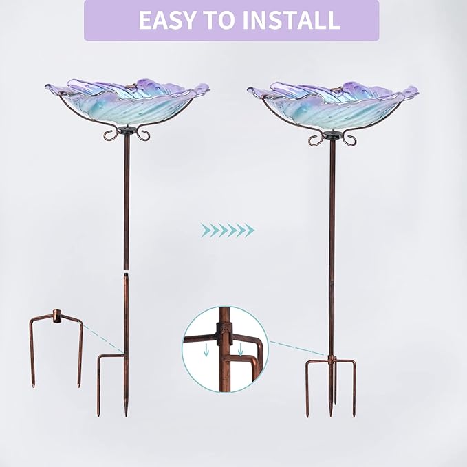 MUMTOP Glass Bird Baths for Outdoors, Garden Bird Bath Bowl with Metal Stake Birdbaths for Outside Yard Outdoor, Purple