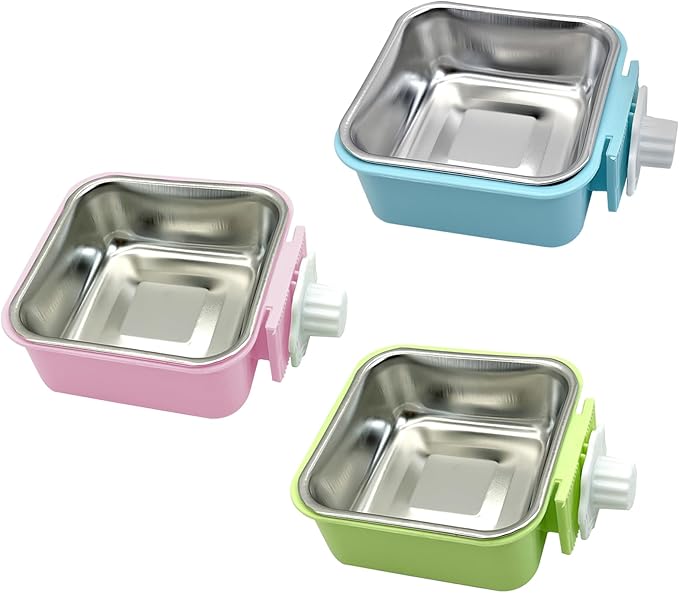 kathson Crate Dog Bowl, Removable Stainless Steel Hanging Pet Kennel Cage Bowl Food & Water Feeder Coop Cup for Puppy, Cat, Rabbit, Guinea Pigs 3pcs Small Square(Blue, Green, and Pink)