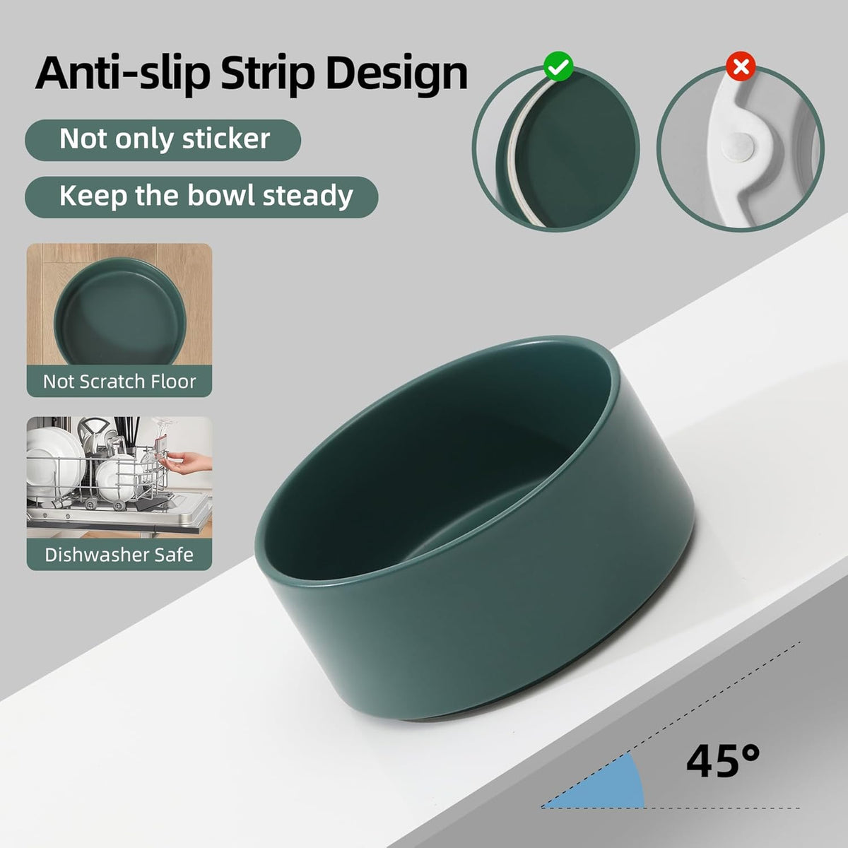 Ceramic Raised Double Bowls Set with Stand, 2 Heights Elevated, Food & Water Bowls for Small Breed Dogs, Cats, Kitty, Weighted Dog Dishes, Pet Bowls(5.1'',13.5oz, Green)