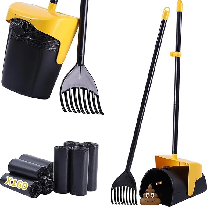 Pooper Scooper Large Swivel Bin & Rake with 160 Waste Bags,Heavy Duty Dog Pooper Scooper with Bag Attachment for Large Small Dogs, Long Handle Poop Scooper with Lid for Yard, Grass, Gravel (Yellow)