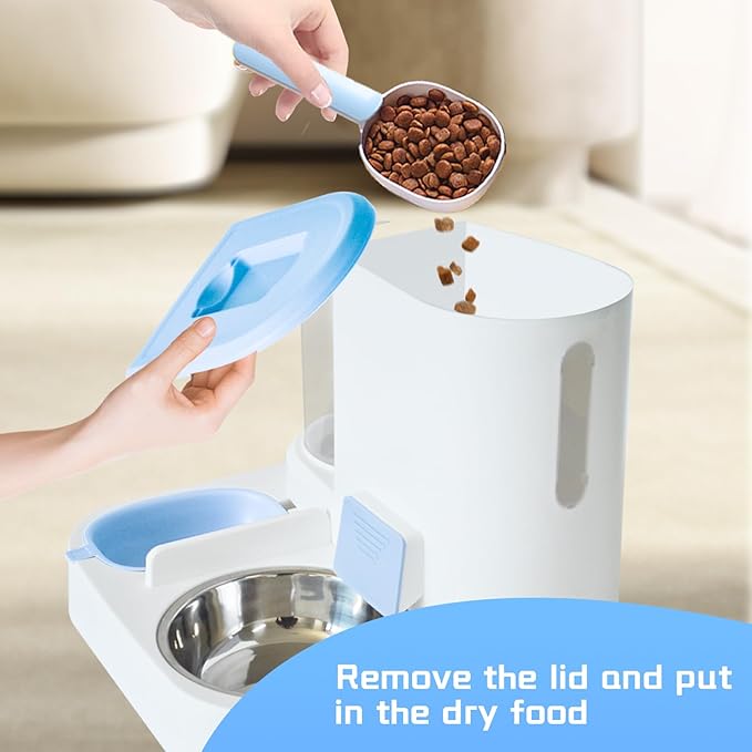 Automatic Cat Food and Water Dispenser Set 2 in 1, All-in-One Gravity Pet Feeder with Stainless Steel Cat Food Bowl Travel Auto Supply Feeder and Water Dispenser for Small Medium Cats Dogs (Blue)
