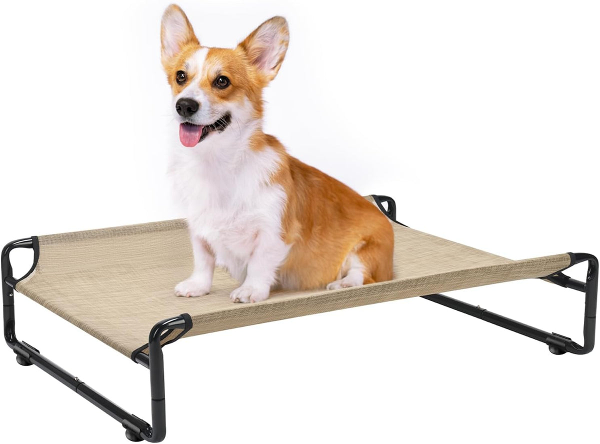 Veehoo Original Outdoor Elevated Dog Bed, Cooling Raised Dog Cot for Medium Dogs, Portable Standing Pet Hammock Platform with Washable Breathable Mesh, No-Slip Feet, Medium, Beige Coffee, CWC2201