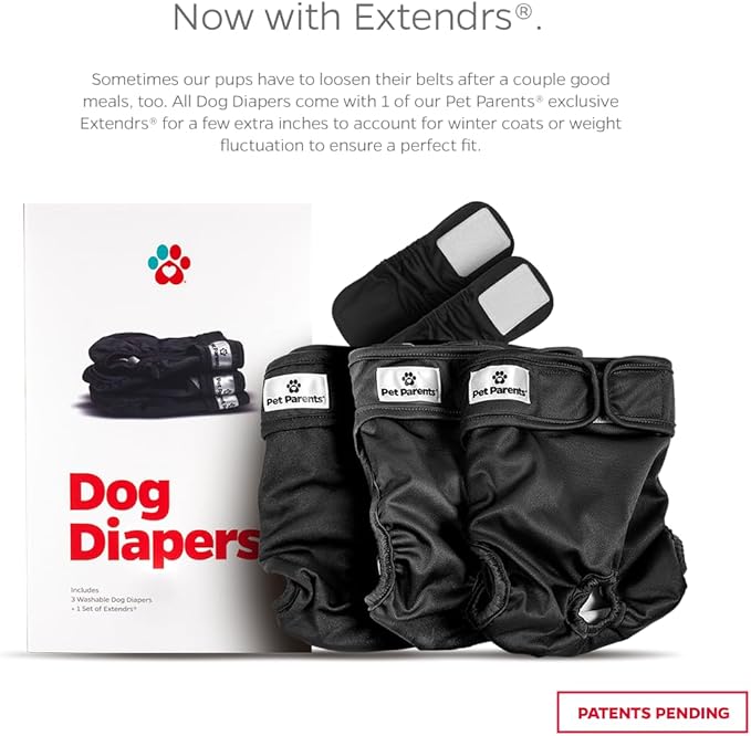 Pet Parents® Washable Dog Diapers (3pack) + Extendrs® of Durable Doggie Diapers, Premium Dog Diapers Female & Male (Large, Black)