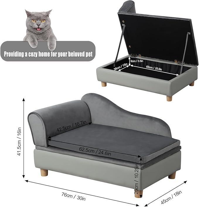 Pet Bed Sofa, Puppy Bed with Storage, Small Dog Couch with Removable & Washable Cushion, Comfy Pet Couch Bed for Cats & Puppy (Gray)