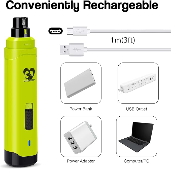 Casfuy Dog Nail Grinder Upgraded - Professional 2-Speed Electric Rechargeable Pet Nail Trimmer Painless Paws Grooming & Smoothing for Small Medium Large Dogs & Cats (Green)