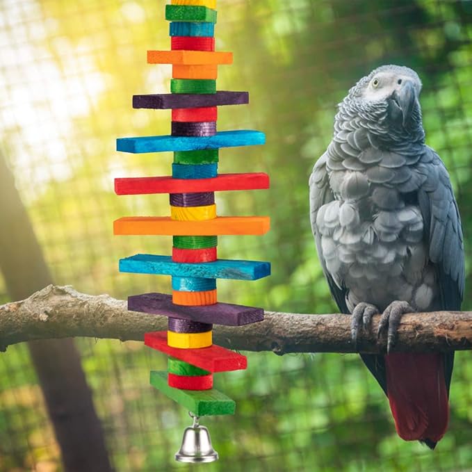MEWTOGO 2 Pcs Bird Toys - Parrot Toys with Multicolored Natural Wooden Blocks, Chewing Sticks for Conures, Parakeets, Cockatiels, Lovebirds, African Grey, Macaws, Amazon Parrots - Bird Gift