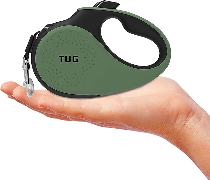 TUG Tiny 360° Tangle-Free Retractable Dog Leash with Anti-Slip Handle | 10 ft Nylon Tape | One-Handed Brake, Pause, Lock (Green)