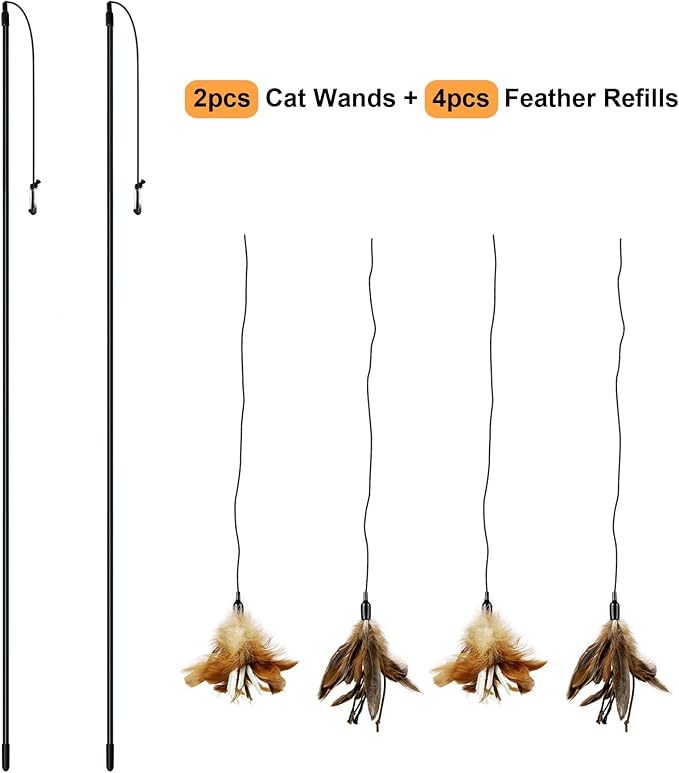 TTcat Cat Wand Toys Feather Stick Toys,2 PCS Extra-Long 31.5in Teaser Wands and 4 PCS Feather Refills,Interactive Toys for Bored Indoor Cat and Kitten.