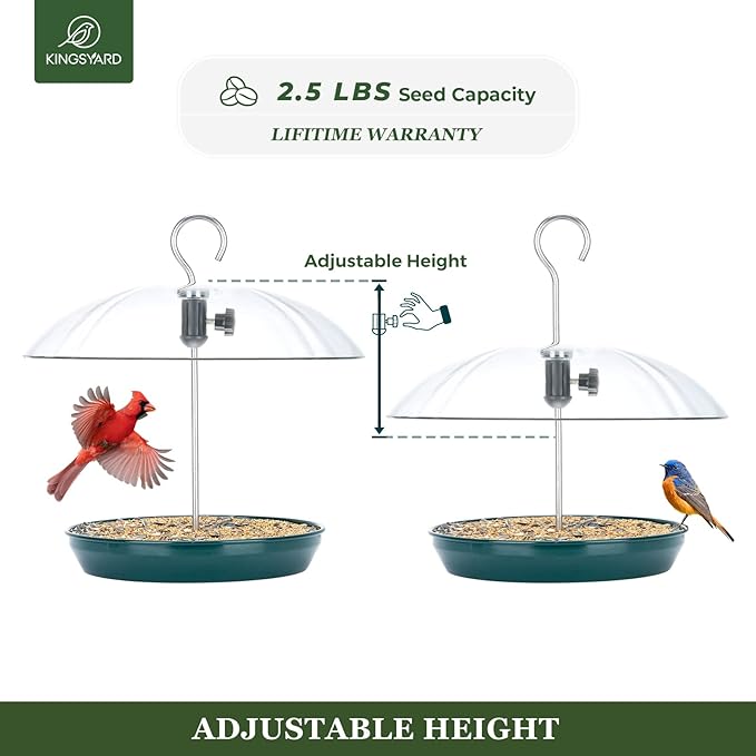 Kingsyard Adjustable Platform Bird Feeder for Outdoors Hanging, Metal Tray Bird Feeder with Dome Top, Attract Bluebirds Cardinals Goldfinches (Green)