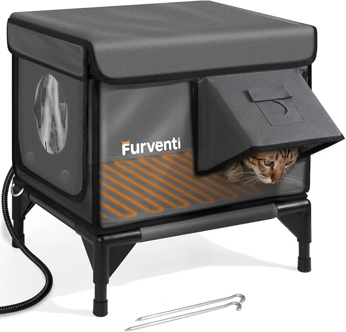 Outdoor Heated Cat House in Winter,Extremely Insulated & Weatherproof,Elevated Feral Cat Shelter with Waterproof Eaves & Escape Door for Outside Stray Barn Cat (Dark Grey,S)