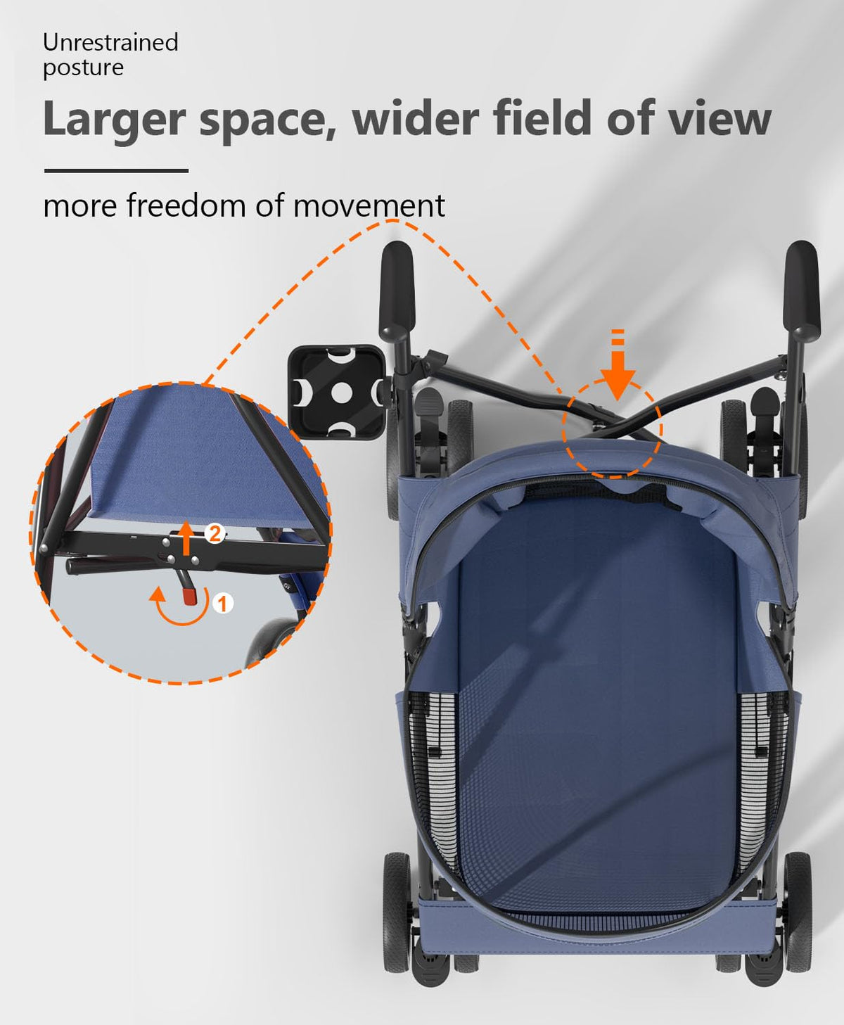 Pet Stroller with 4 Wheels for Small/Medium Pets, Portable Travel Foldable Carrier Jogger for Dog Cat Puppy Kitty, Rear Wheel Breaks, Storage Basket, Visible Mesh Weather Cover (Navy Blue)
