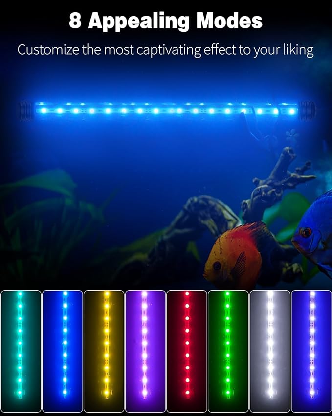 Pawfly 4.2 W Aquarium LED Light 15.2 Inch Underwater Fish Tank Light with Timer Auto On/Off Fish Tank Background Light with 8 Lighting Modes Submersible Multi-Colored Tube Light for Decoration
