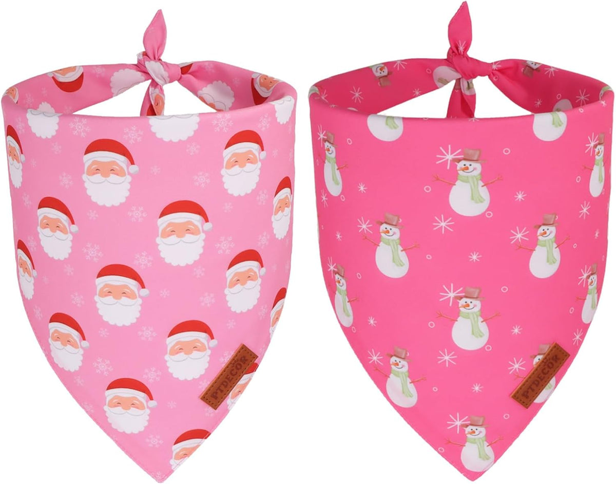 PTDECOR Christmas Dog Bandana, Santa Snowman Design Reversible Holiday Pet Scarf, Pink Triangle Fit Female Christmas Bandanas for Medium Large Dogs Pets (Large)