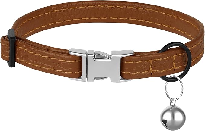 Leather Cat Collar with Buckle and Removable Bell - Non Breakaway Adjustable Soft Safety Small Pet Collars for Girl Boy Cats Kitten (Brown)