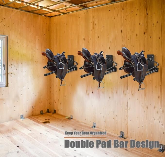2Pcs Saddle Rack with Double Pad Bar,Heavy Duty Wall Mounted Saddle Rack Stand Saddle Pad Rack for English and Western Saddles,23.8x12.6x7.5 Inches