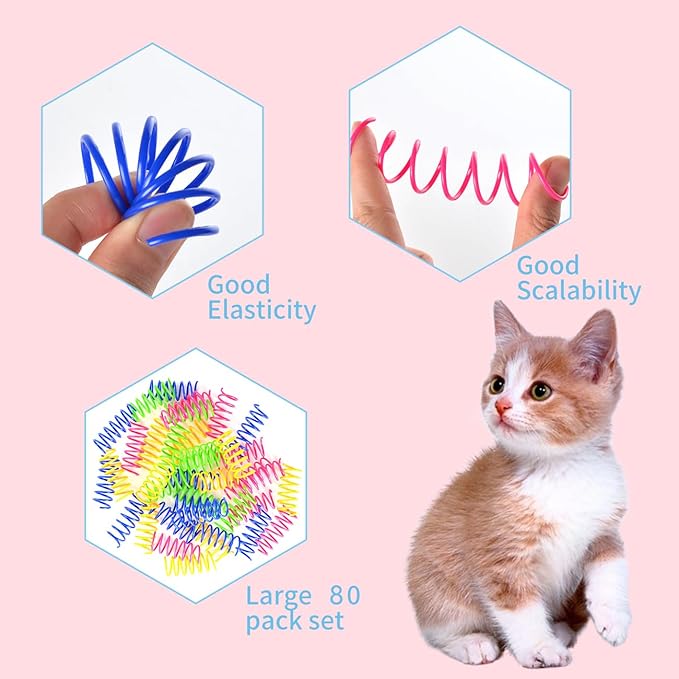Cat Spring Toys 80 Pack, Colorful Plastic Coils Cat Kitten Spiral Spring Interactive Cat Toy for Swatting, Biting, Hunting