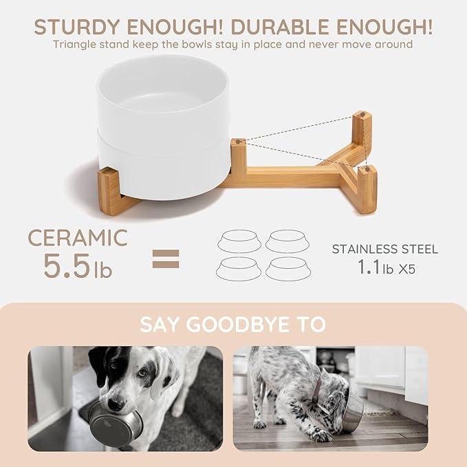 SPUNKYJUNKY Ceramic Dog and Cat Bowl Set with Wooden Stand, Modern Cute Weighted Food Water Bowl Set for Medium to Large Size Dogs (42 OZ, 2 × White)