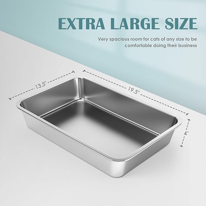 IKITCHEN Stainless Steel Cat Litter Box, Large Metal Litter Box for Cats, Never Absorbs Odors,Stain Free, Rustproof, Non Stick Smooth Surface, Anti-Slip Rubber Bottom, 19.5" L x 13.5" W x 4" H