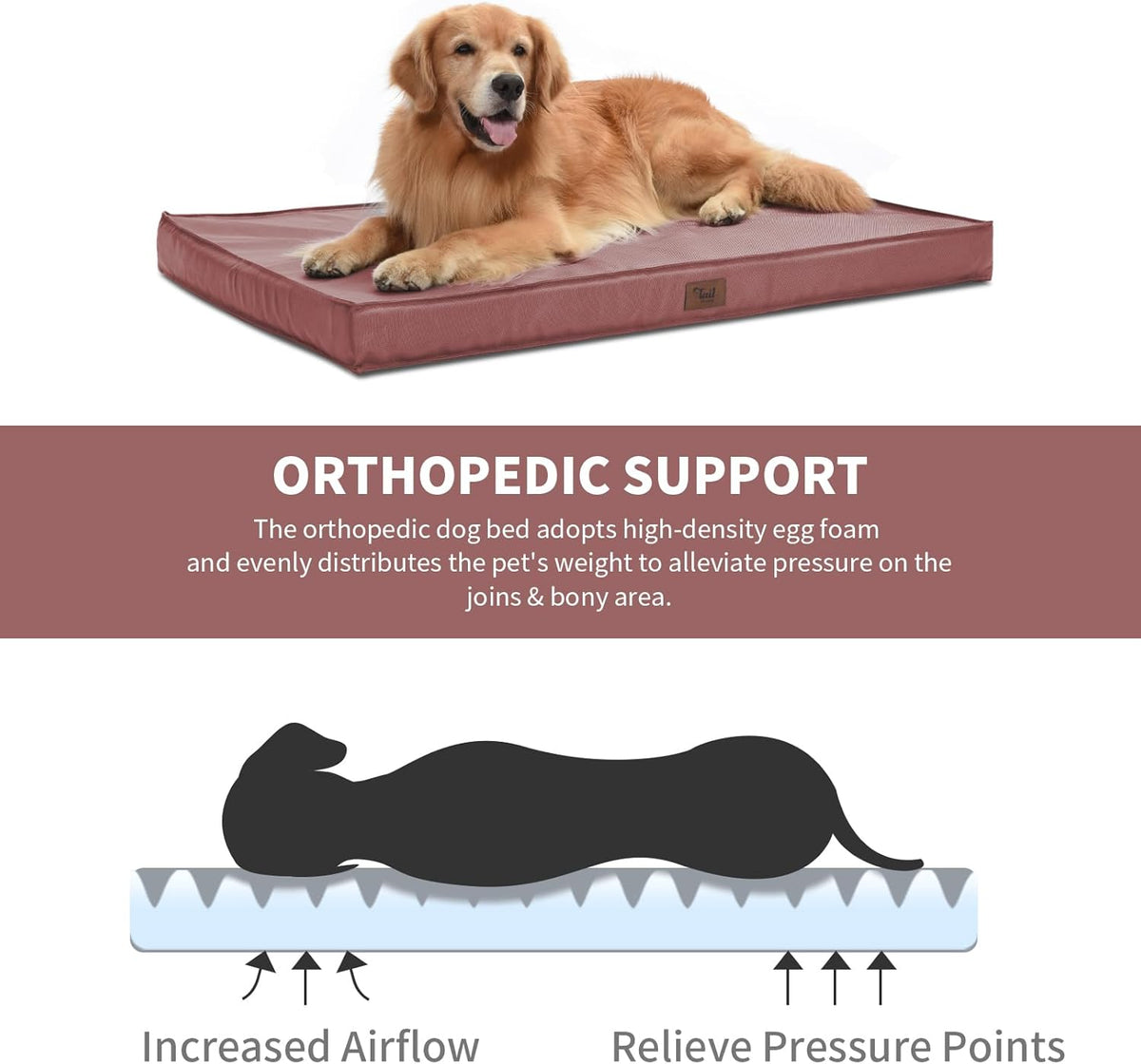 Outdoor Dog Bed for Medium Dogs, Waterproof Dog Bed for Medium Dogs Cats, Orthopedic Egg Crate Foam Pet Bed with Washable and Removable Oxford Cover, Pink