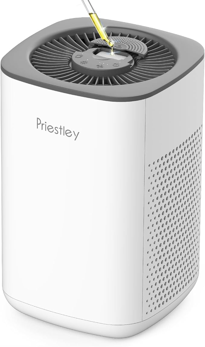 Priestley Small Air Purifiers for Home Bedroom Dorm Office Desktop, 20dB Quiet 3-in-1 HEPA Air Purifier with Essential Oil Diffuser, Air Filters Smoke, Allergies, Pet Dander, Odor, Dust