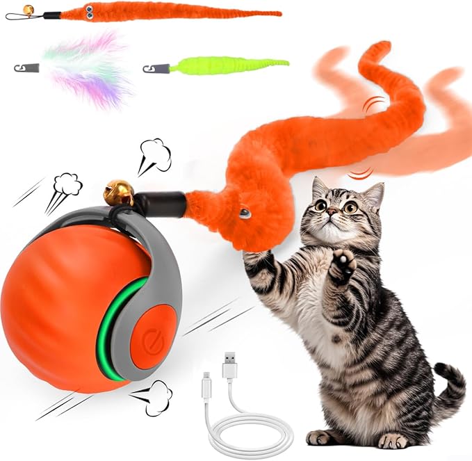 Interactive Cat Ball Toy, Self Rolling Ball with Cover Anti-Scratch for Bored Indoor Cat Chasing, Obstacle Avoidance Smart Cat Toys for Enrichment, Motion Activated Toys to Keep Them Busy （Orange）