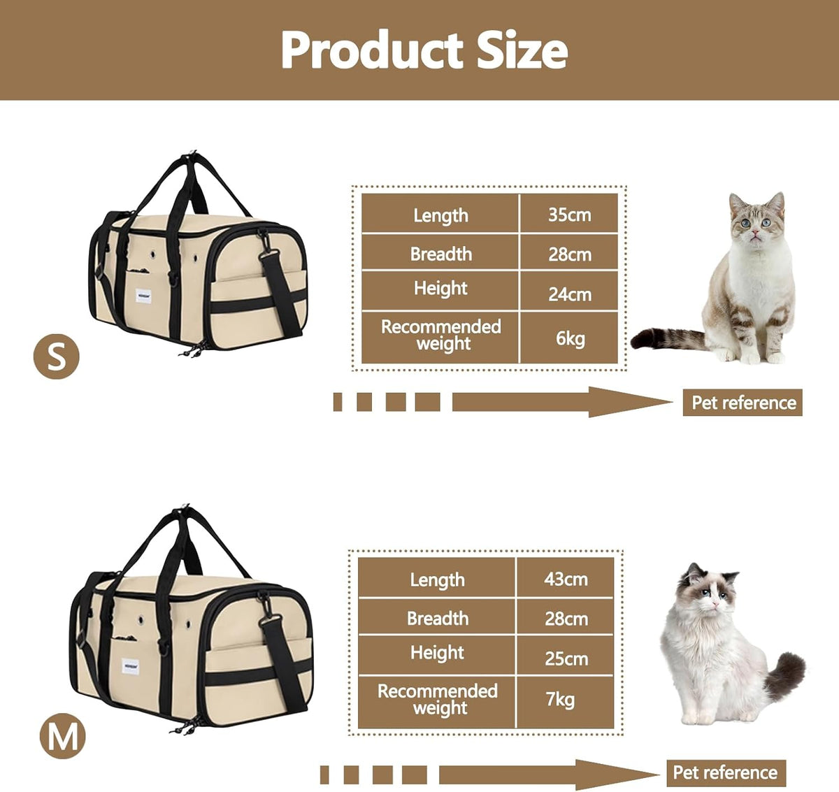 Pet Carrier Bag, Foldable Cat Bag Airline Approved, Soft-Sided Cat Travel Bag, Washable Dog Carrier Privacy Protection for Home Outdoor Travel(S, Brown)
