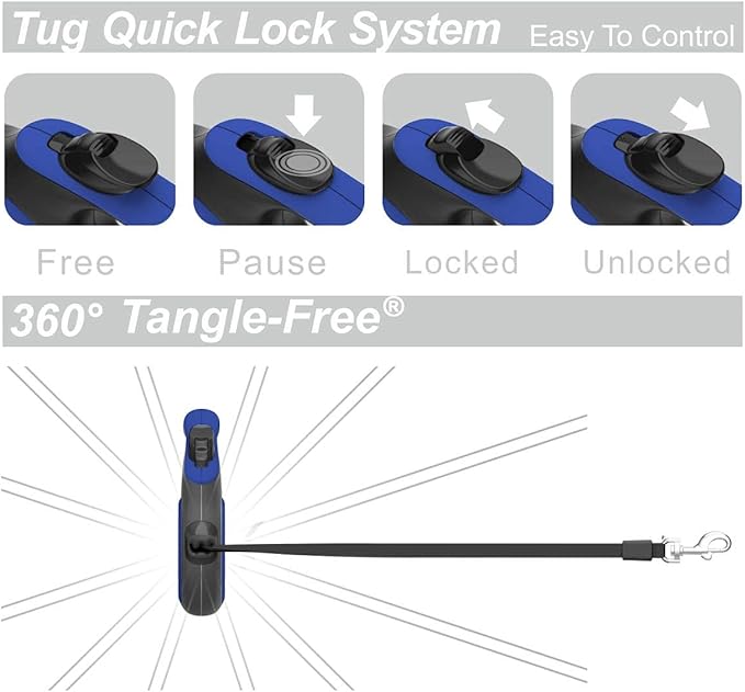 TUG Tiny 360° Tangle-Free Retractable Dog Leash with Anti-Slip Handle | 10 ft Nylon Tape | One-Handed Brake, Pause, Lock (Blue)
