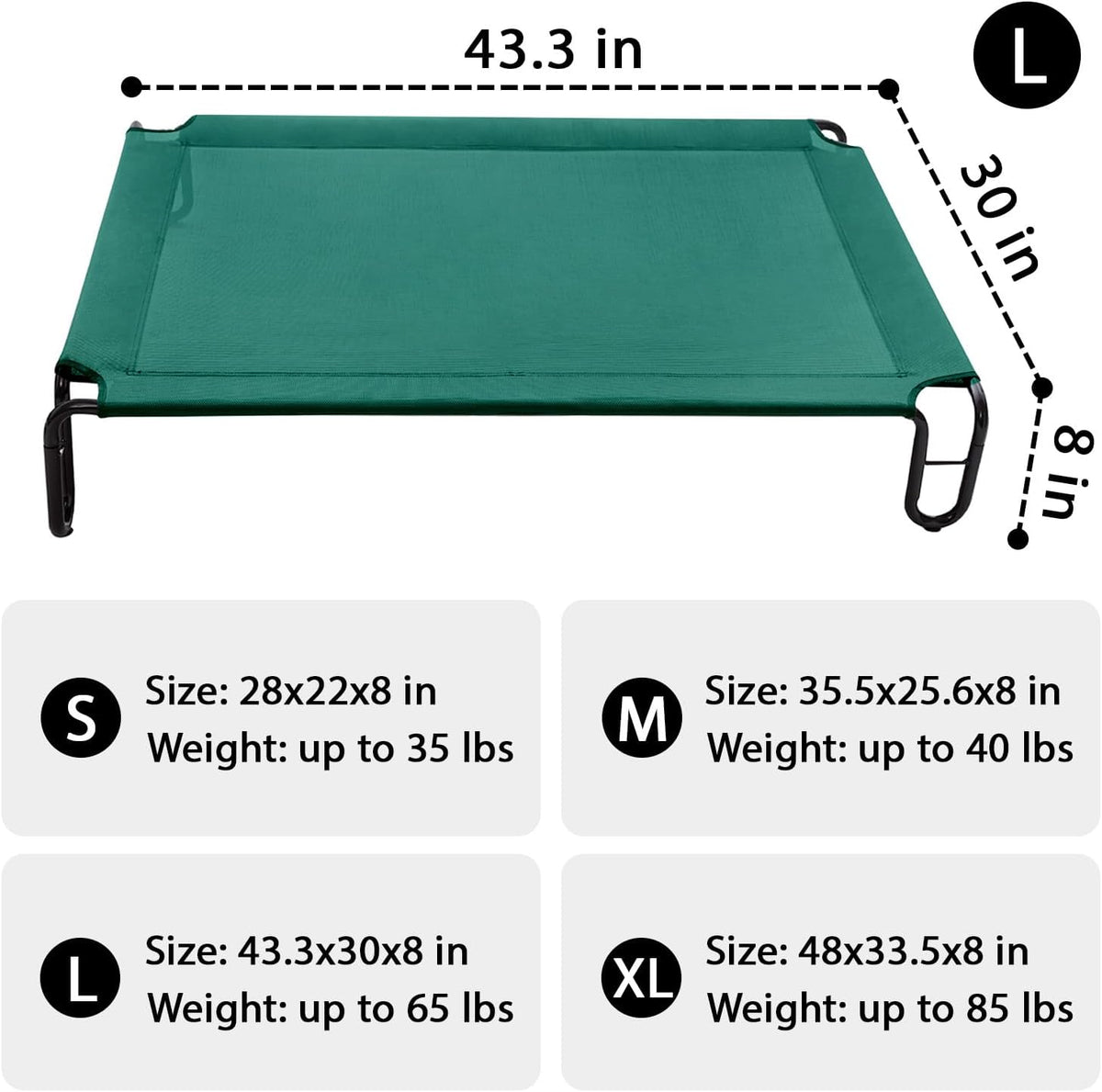 pettycare Elevated Outdoor Dog Bed - Raised Cots Bed for Large Dogs, Waterproof Pet Hammock Easy to Assemble, Cooling Frame Cot with Breathable Teslin Mesh, Durable, Non Slip, Up to 65 lbs,Green