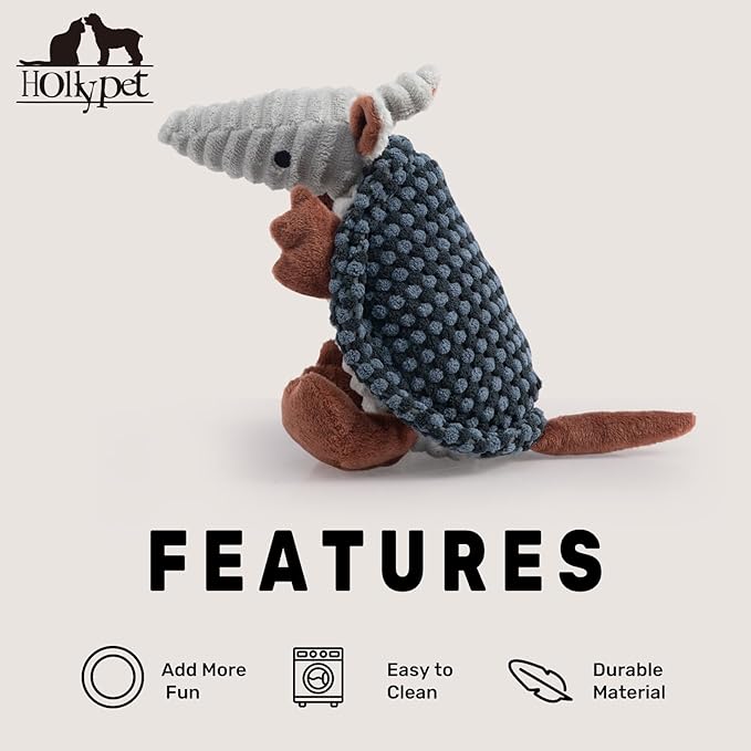 Hollypet Plush Dog Squeaky Toy Stuffed Armadillo Animal Pet Puppy Chew Toys with Clean Teeth for Small Medium Large All Breed Sizes Dogs, Dark Gray and Light Gray,8 in
