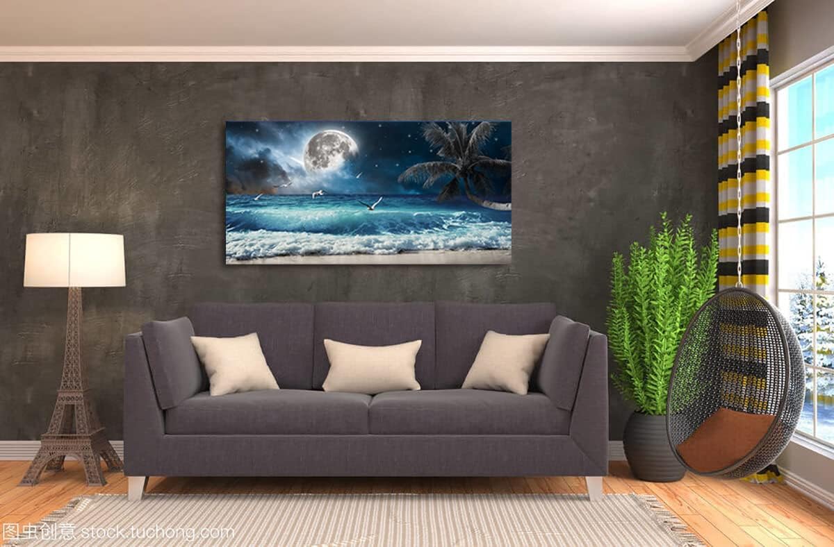 Yxbhhym Moon Ocean Decor Beach Wall Art Seascape Painting Sea Canvas Poster Prints Landscape Plam Pictures Artwork for Living Room Decor Wall Decorations large Framed Wall Art -20x40inches