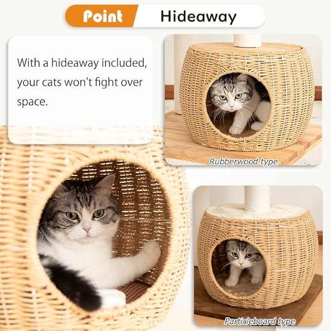 Wood Cat Tree 60'' with Woven Beds, 5-Level Natural Cat Condo with Sisal Posts & Clear Bubble Lounge, Multi-Level C at Furniture for Indoor Pets, Easy to Assemble (Brown-Particle Board)