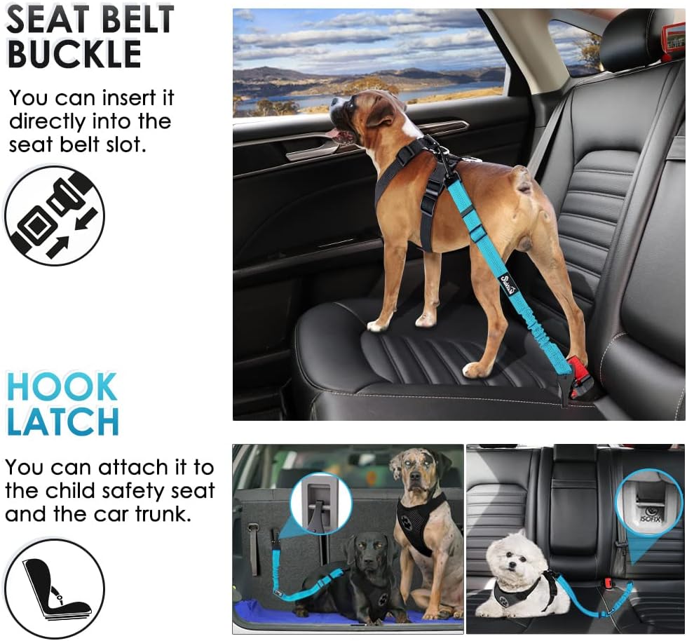 SlowTon Dog Seat Belt, Adjustable Dog Safety Belt Leash, 2 in 1 Latch Bar Attachment Dogs Car Seatbelt with Elastic Nylon Bungee Buffer, Reflective Nylon Belt Tether Connect to Dog Harness (Blue)