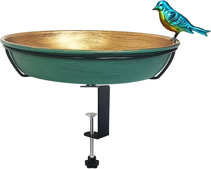 Deck Bird Bath for Outdoors, 11" Green/Bronze Metal Birdbath Bowl with Big Steel Clamp Backyard Birdbath&Bird Feeder for Railing Balcony Fence Yard Art Garden Decor