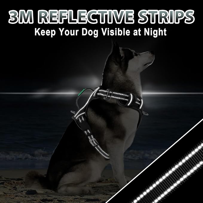 BARKBAY No Pull Dog Harness 3 Buckles Large Reflective Dog Harness with Front Clip and Easy Control Handle for Walking Training Running with ID tag Pocket(Black,XL)