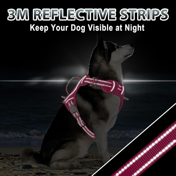 BARKBAY No Pull Dog Harness 3 Buckles Large Reflective Dog Harness with Front Clip and Easy Control Handle for Walking Training Running with ID tag Pocket(Pink,XL)