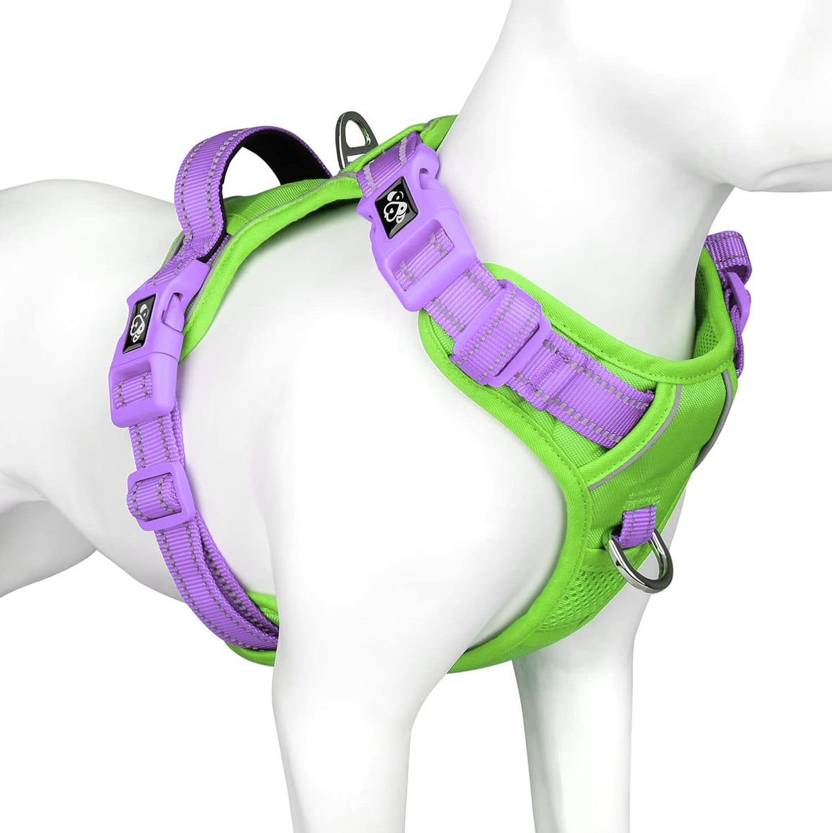 PHOEPET No Pull Dog Harness, Unique Colors Reflective Adjustable Dog Vest, with Soft Training Handle Metal Clips for Small Medium Large Dogs (Green Base & Purple Straps,M)