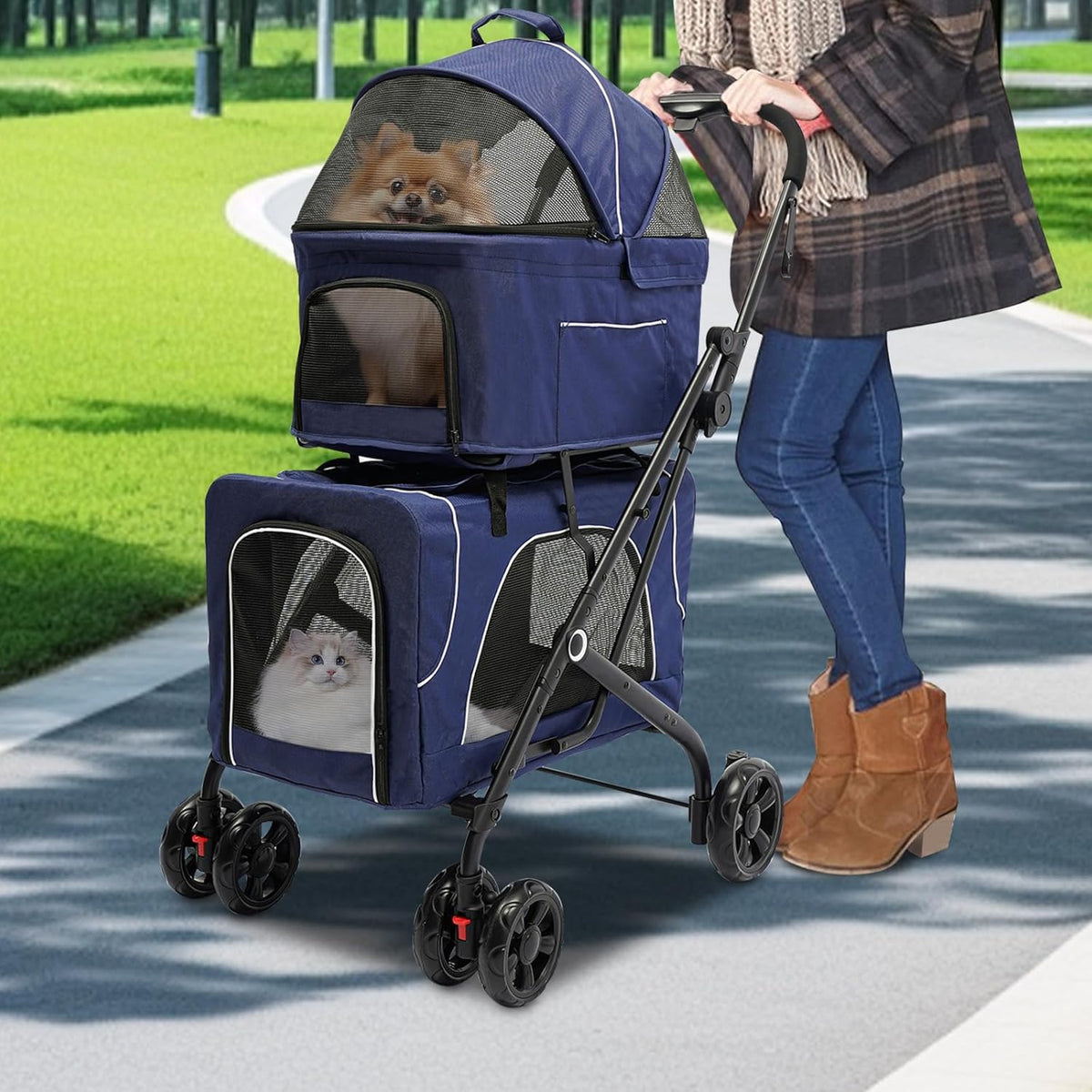 Double Pet Stroller,3.07lbs Dog Cat Carrying Cart,Lightweight Foldable Pet Stroller with 4 Wheels,Blue Portable Compact Pet Travel Cart for Small Dogs and Cats (Blue)