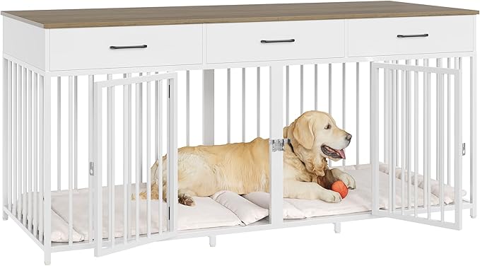 HOSTACK Double Dog Crates Furniture, 71" Wide Indoor Dog Kennel with 3 Drawers, Farmhouse Dog Cage for 2 Large/Medium Dogs, Heavy Duty Dog Crate with Removable Room Divider, Wooden Pet House, White