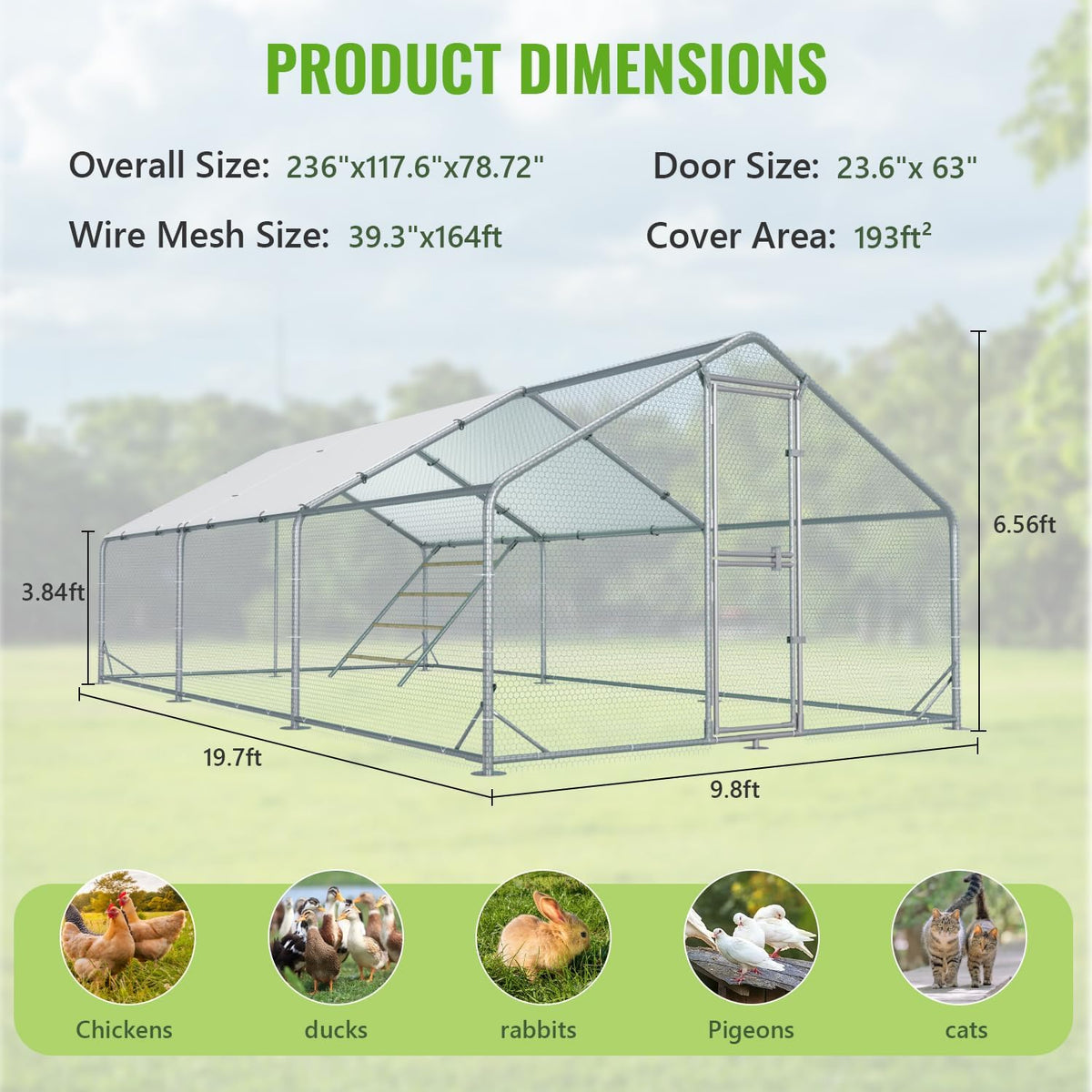Large Metal Chicken Coop, 10x20x6.5FT Chicken Runs for Yard with Cover