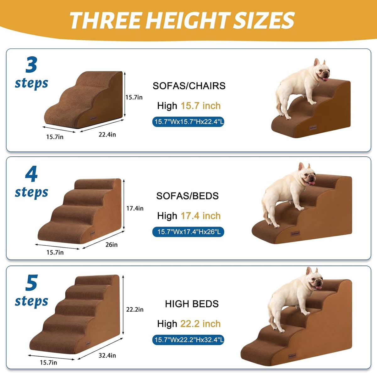 4-Step Dog Stairs and Ramp for Beds or Couches – Non-Slip Sturdy Pet Steps for Small Dogs and Cats,17.4" H,Brown