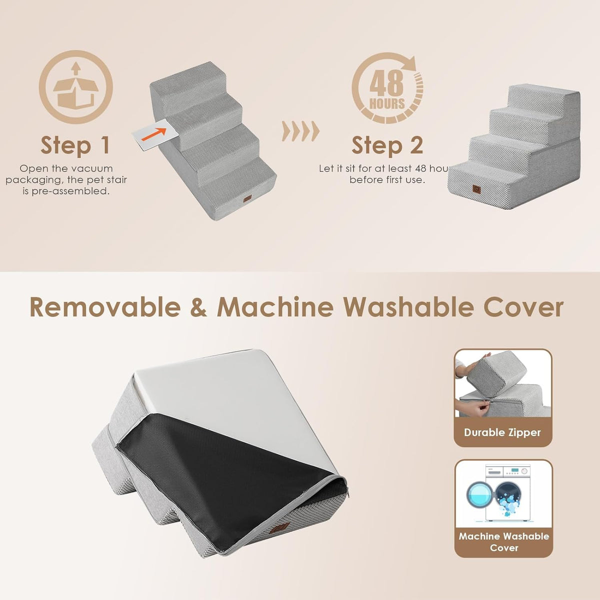 EHEYCIGA Dog Stairs for Bed 18" H, 4-Step Dog Steps for High Bed, Pet Steps for Small Dogs and Cats, Non-Slip Balanced Pet Ramp Indoor, Light Grey