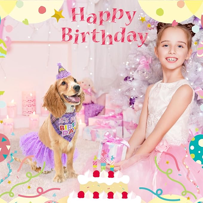 SCENEREAL Dog Birthday Bandana Hat with Dress Girl Set Party Supplies Plaid Puppy Birthday Outfit Cute Dog Tutus for Small Medium Lage Dogs, Purple Plaid